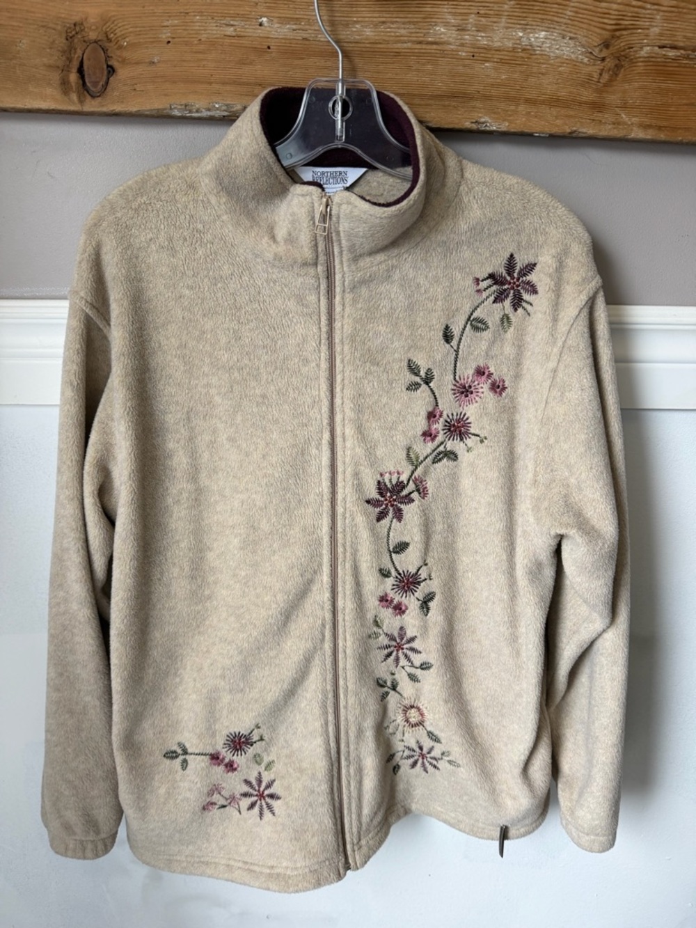 Vintage 90s Northern Reflections Floral Embroidered Fleece Jacket Oatmeal Size M